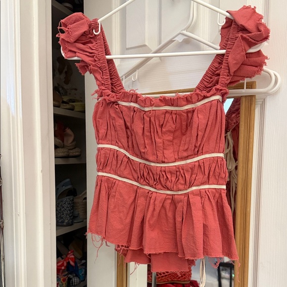 Free People Claudette Ruffled Coral Tank Top with Smocked Bodice - Picture 3 of 10